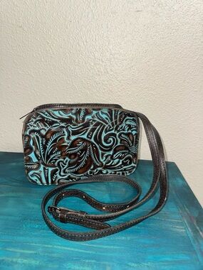 Patricia Nash Turquoise and Brown Tooled Leather Crossbody